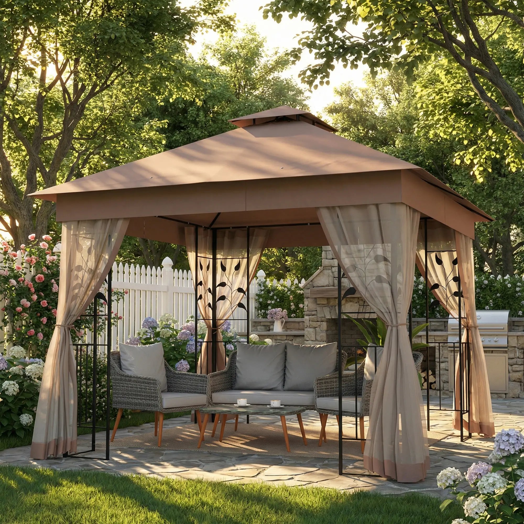 10'x10' Dark Brown Steel Patio Gazebo, Soft-Top Sun Shelter, Dark Brown Gazebos at Gallery Canada