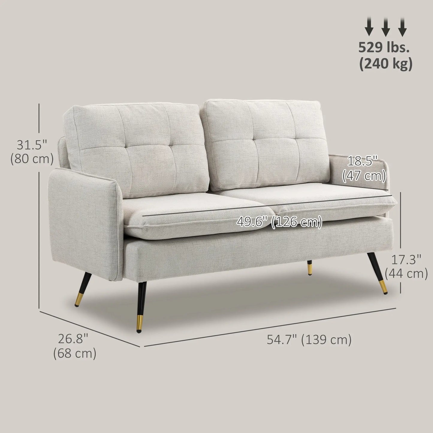 55" Loveseat, Fabric Sofa, Button Tufted Back, Steel Legs, Cream White 2-Seater Sofas at Gallery Canada