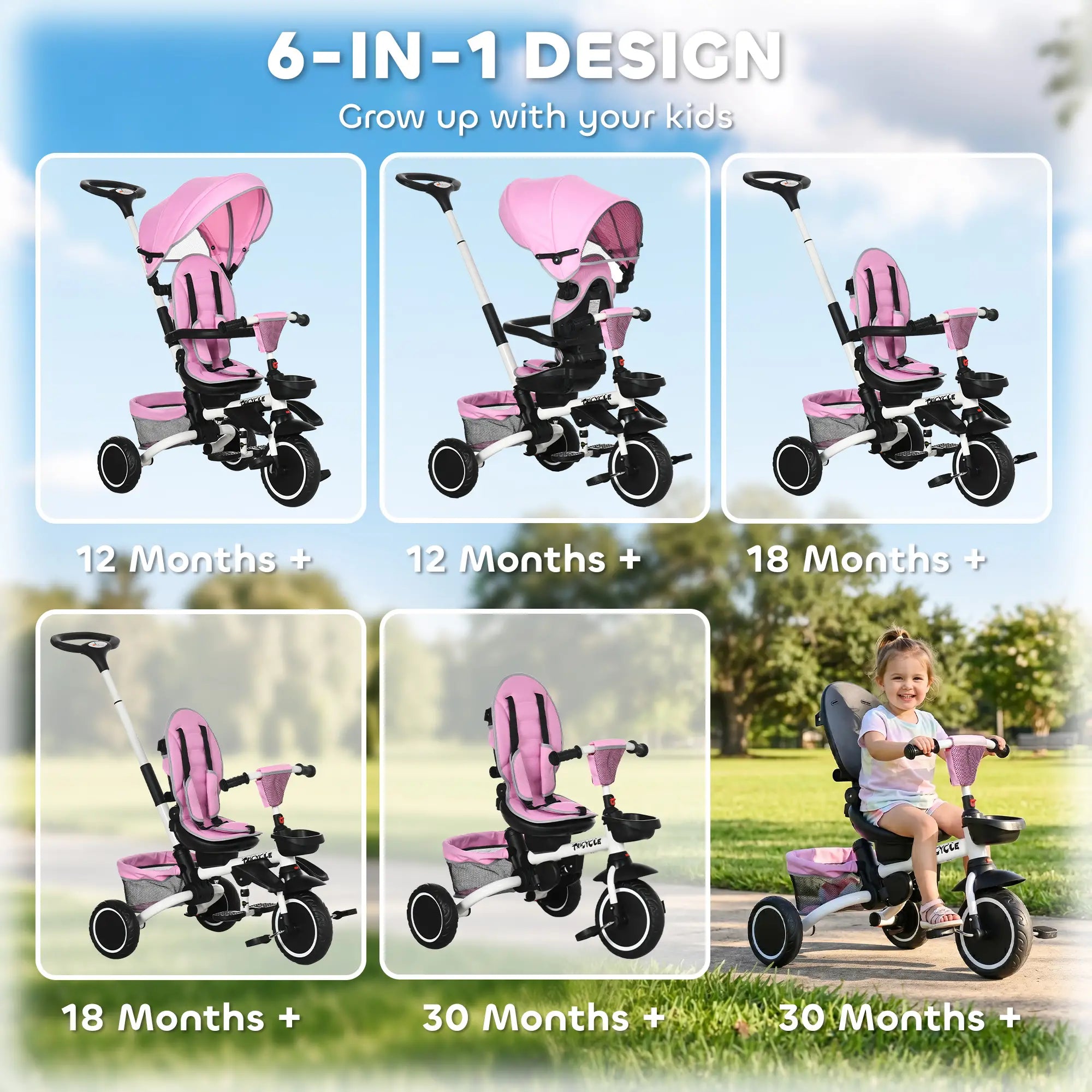6-in-1 Toddler Tricycle, Foldable, Adjustable Seat, Push Handle, Pink Tricycles for Kids at Gallery Canada