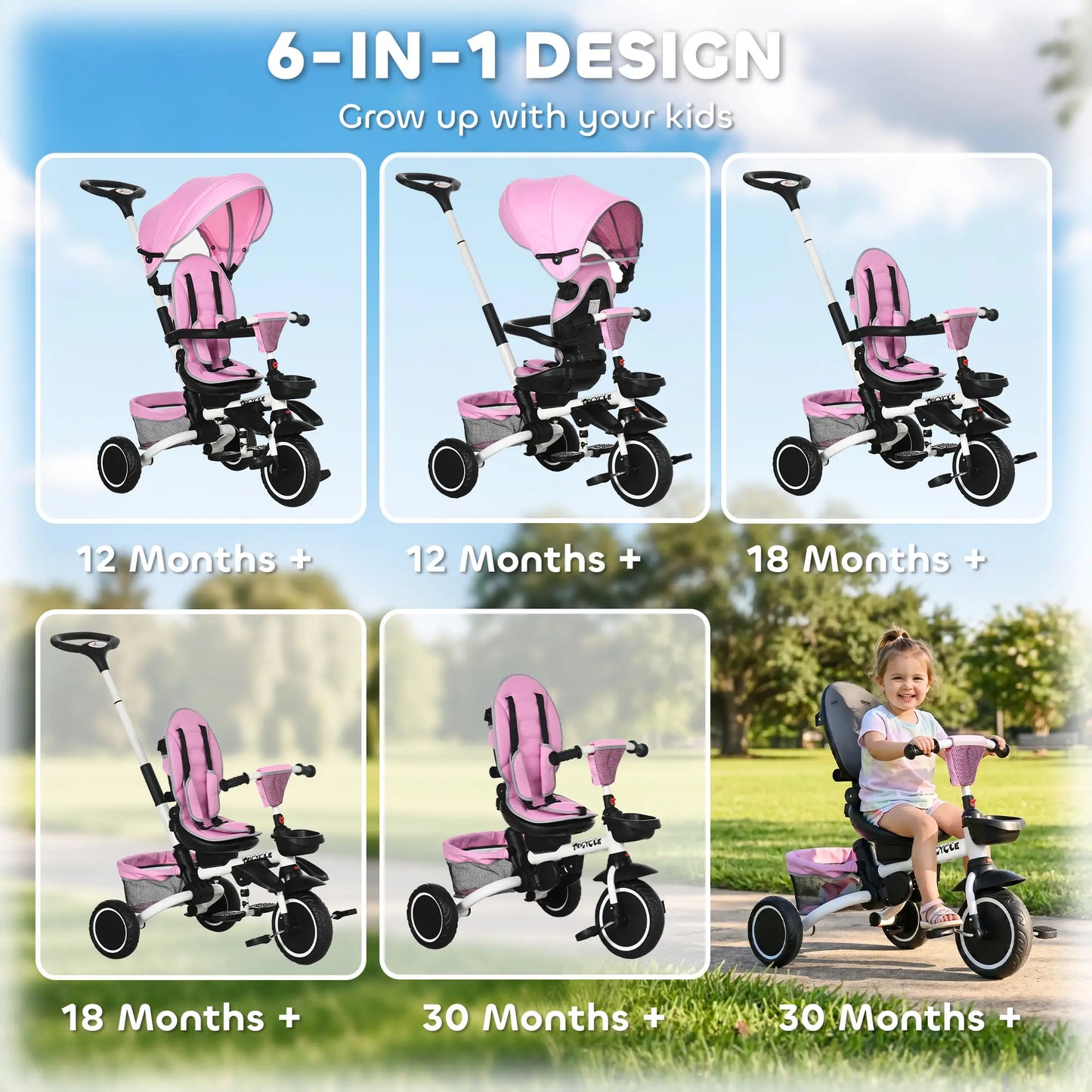 6-in-1 Toddler Tricycle, Foldable, Adjustable Seat, Push Handle, Pink Tricycles for Kids at Gallery Canada