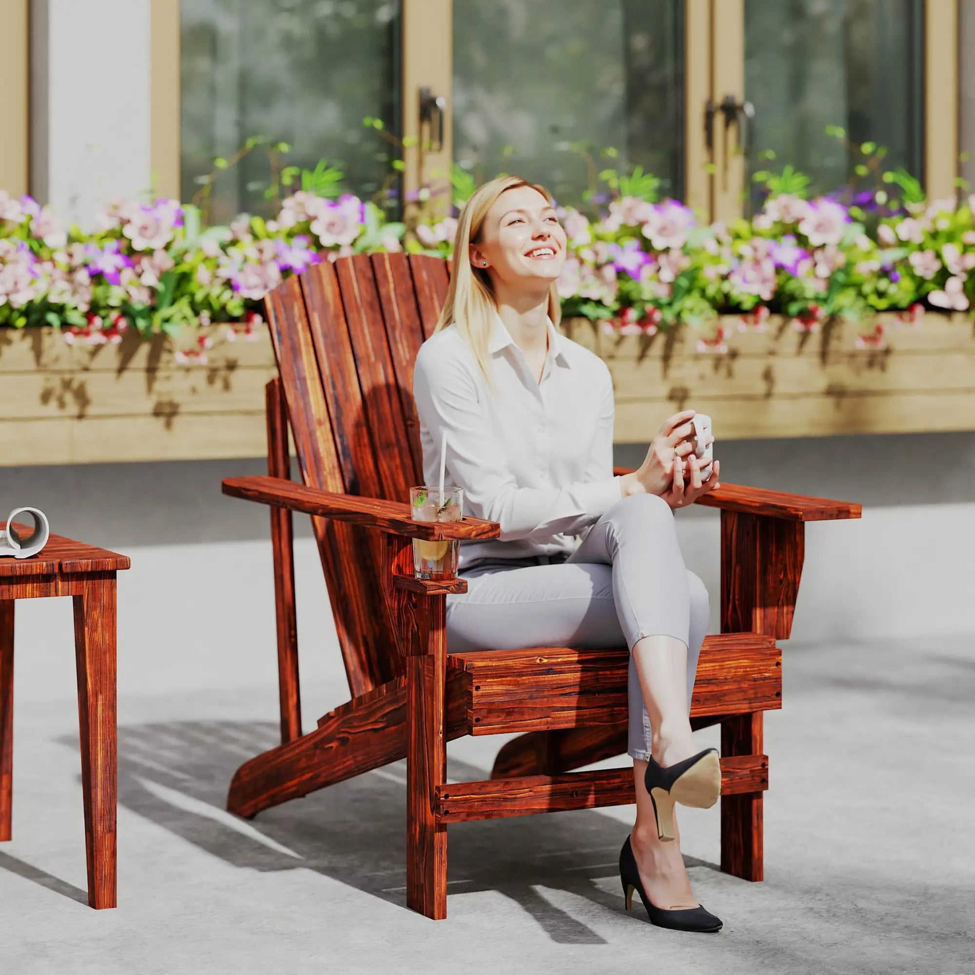 Classic Adirondack Chair, Garden Deck Chair with Cup Holder, Brown Patio Chairs at Gallery Canada