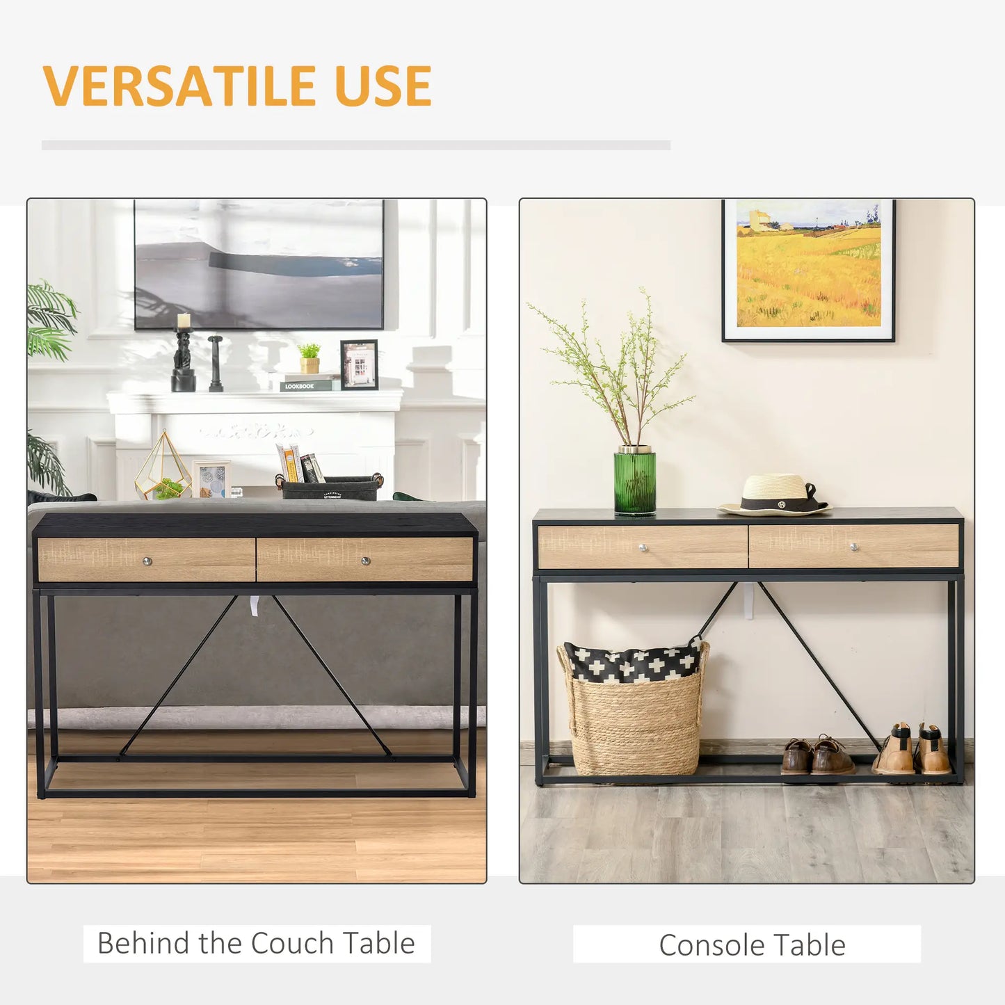 Console Table with 2 Drawers, Steel Frame, Black Console Tables at Gallery Canada