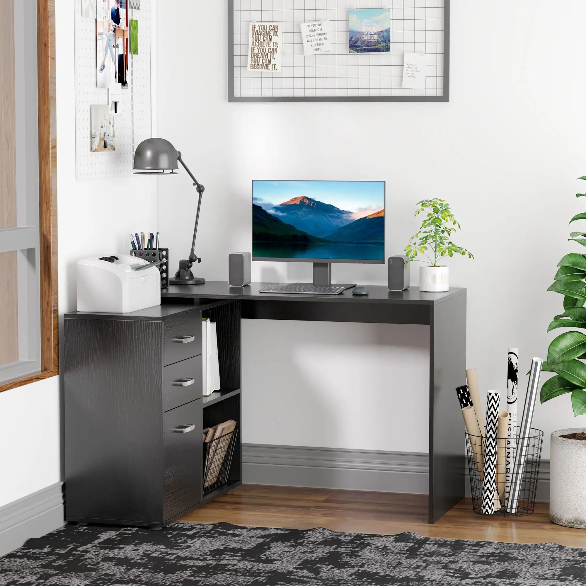 L-Shaped Corner Desk with Storage Shelf, Drawer, Black Writing Desks at Gallery Canada