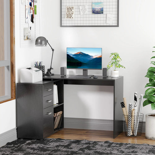 L-Shaped Corner Desk with Storage Shelf, Drawer, Black