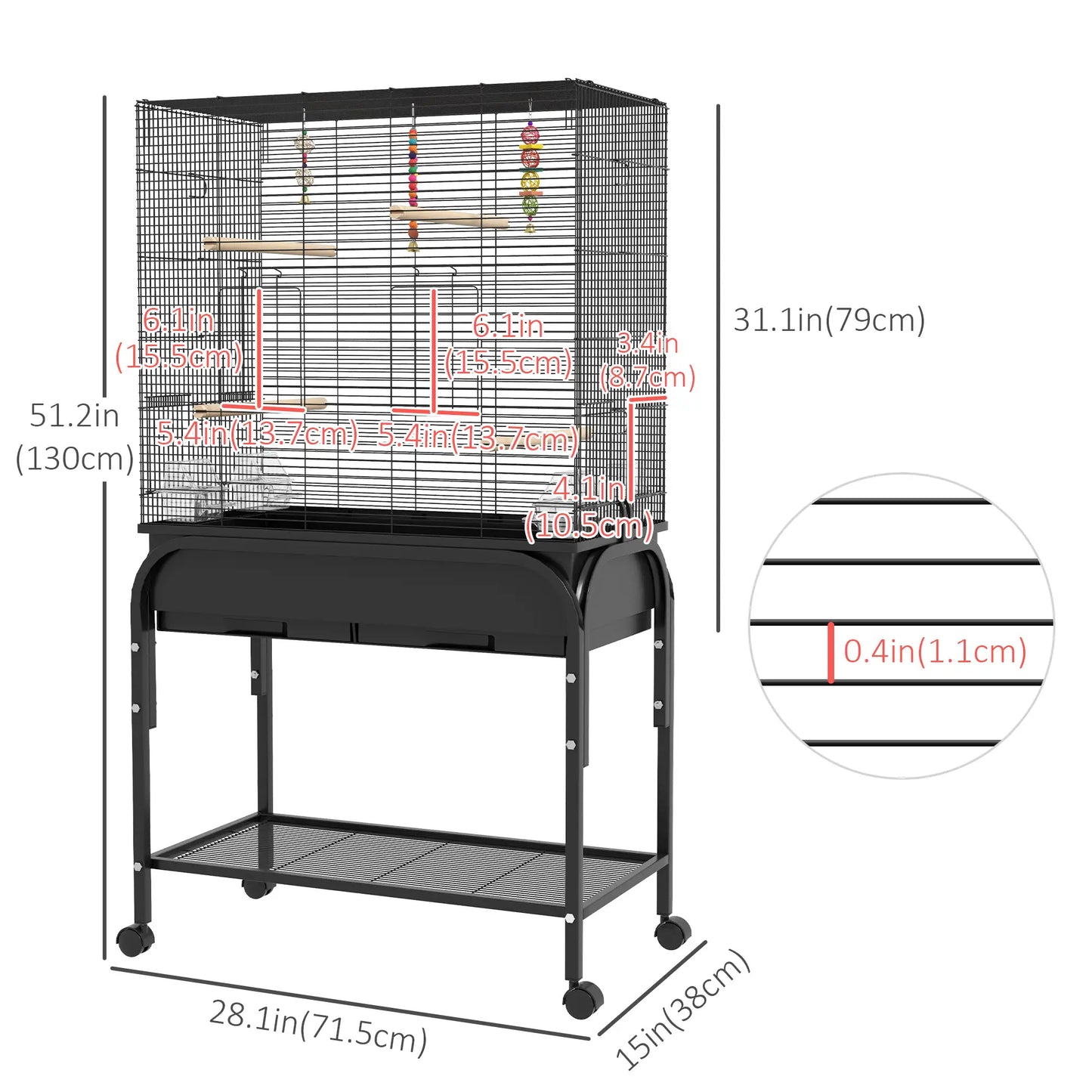 51" Bird Cage with Rolling Stand, Toys, for Budgies Canaries Finches, Black Bird Cages at Gallery Canada