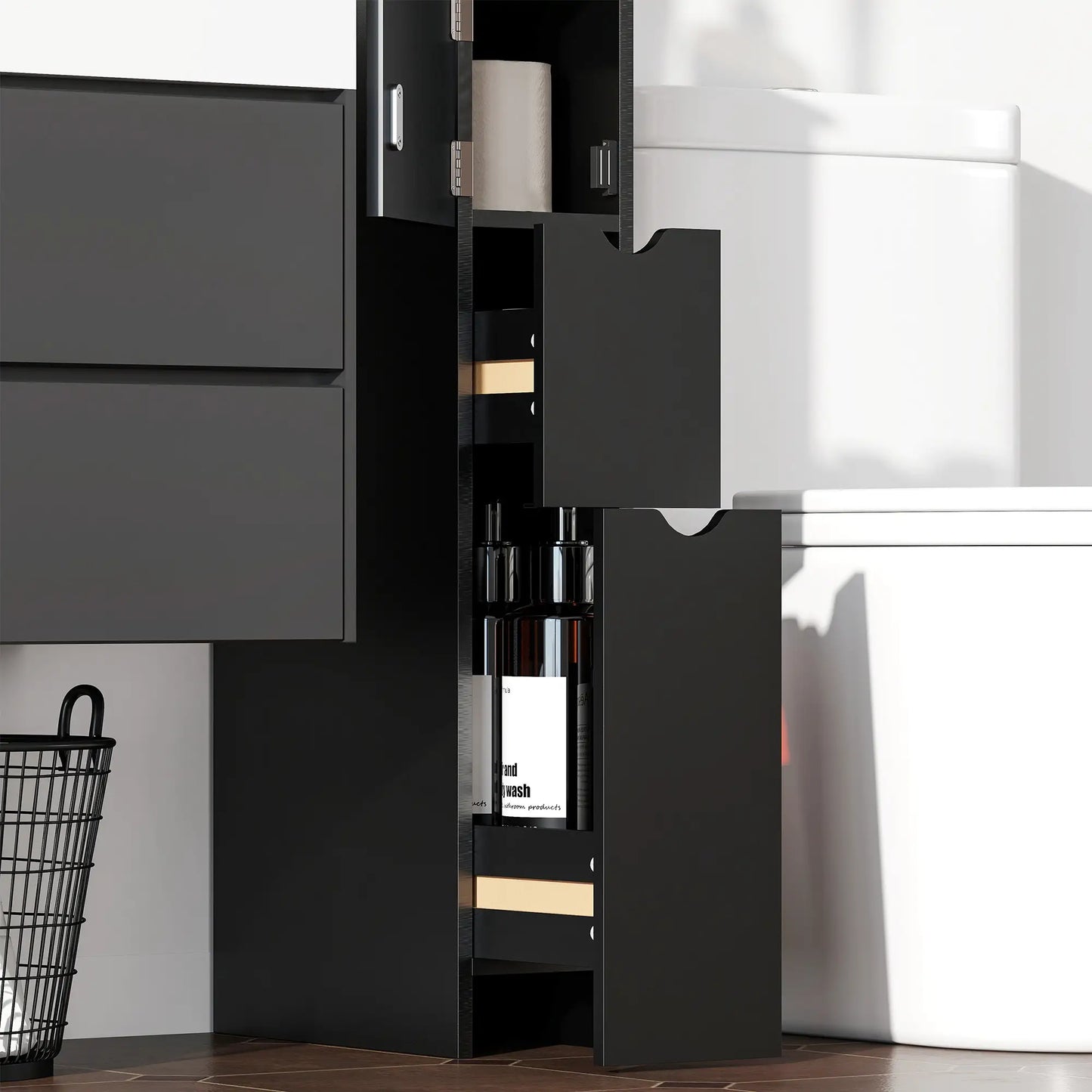 Tall Narrow Bathroom Storage Cabinet, Drawers and Shelves, Black Bathroom Cabinets at Gallery Canada