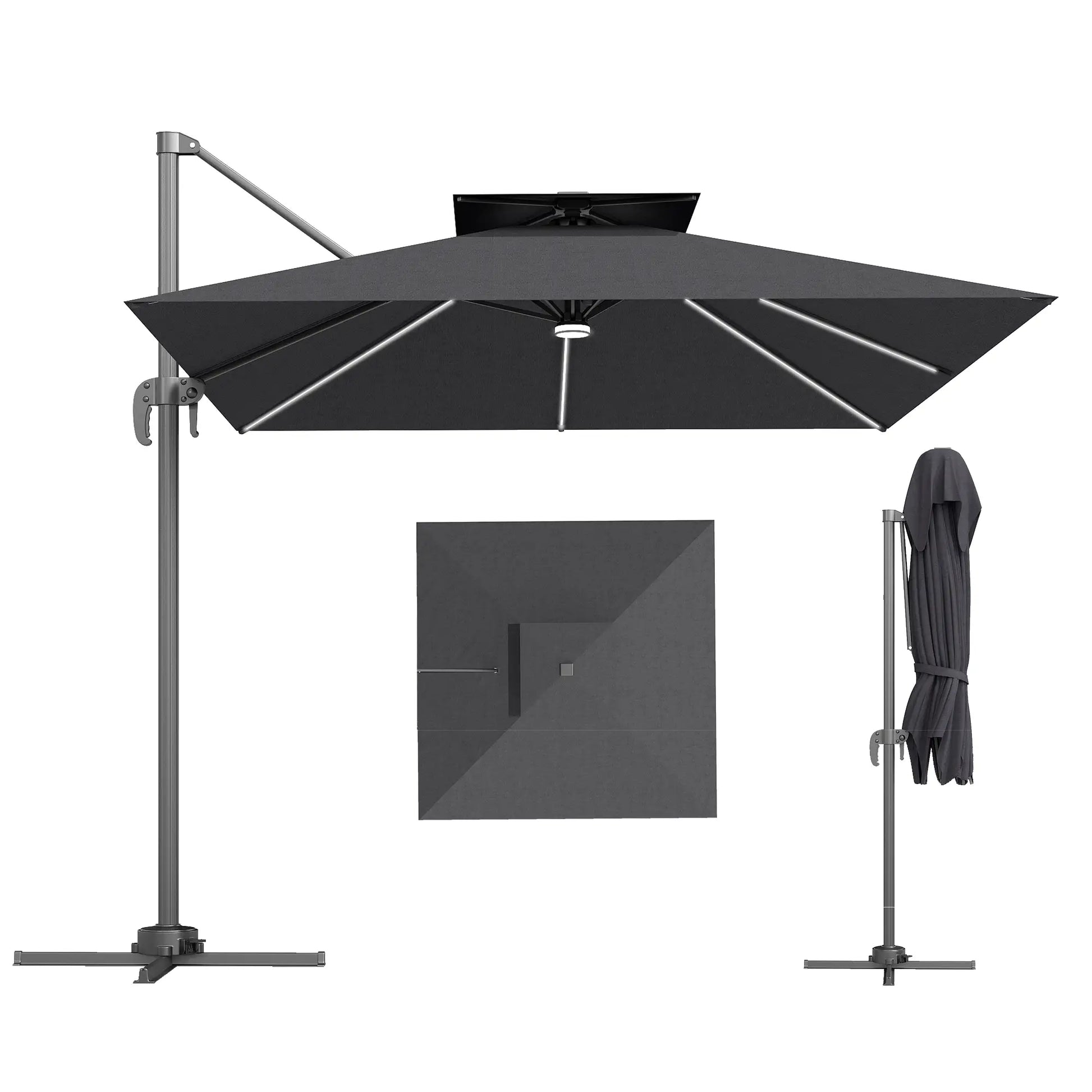 8' Cantilever Patio Umbrella, LED Lights, 360°Rotation, Dark Grey Offset Cantilever Umbrellas at Gallery Canada