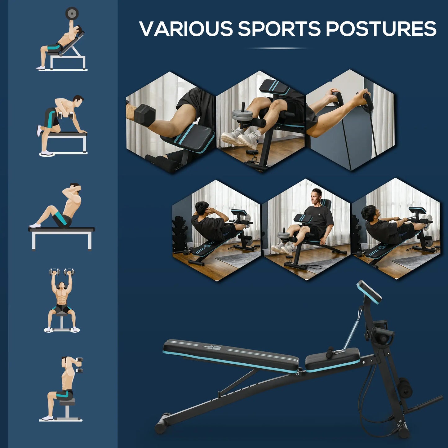 Foldable Adjustable Press Bench, Weight Training Gym Chair, Black & Blue