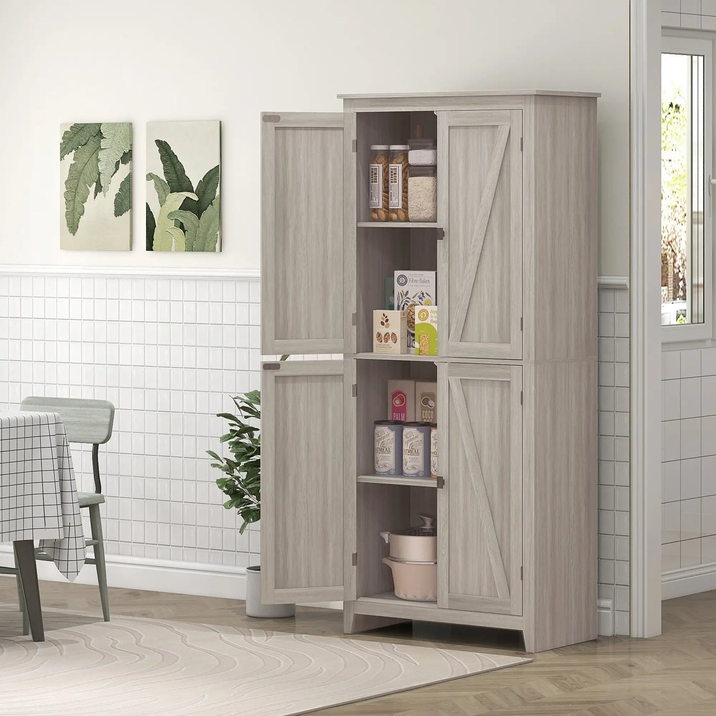 72" Freestanding Storage Cabinet, Kitchen Pantry with Doors, Shelves, Grey Kitchen Pantry Cabinets at Gallery Canada