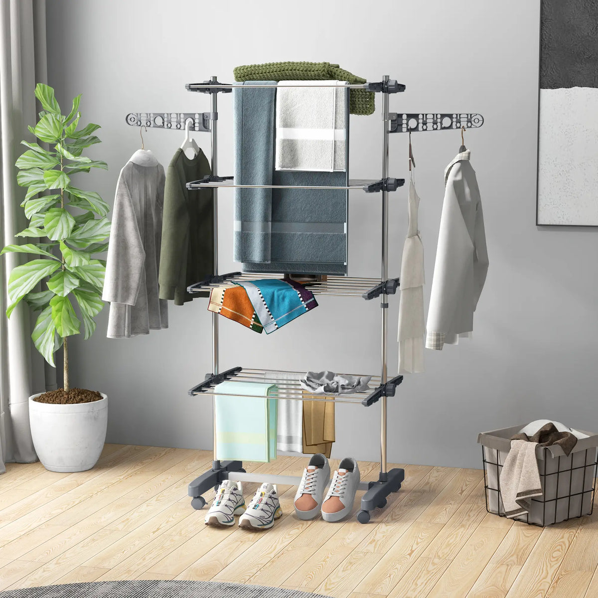Porte-serviettes en acier inoxydable pliant, ailes latérales, roulettes, intérieur extérieur, gris