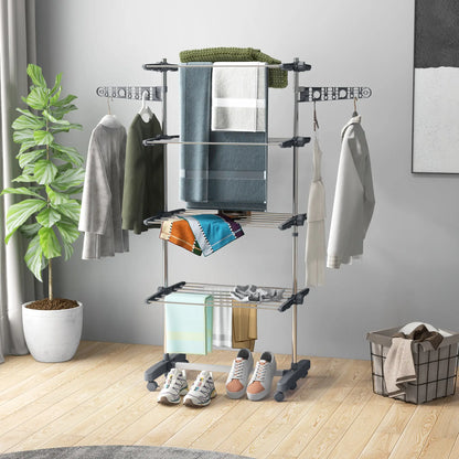 Porte-serviettes en acier inoxydable pliant, ailes latérales, roulettes, intérieur extérieur, gris