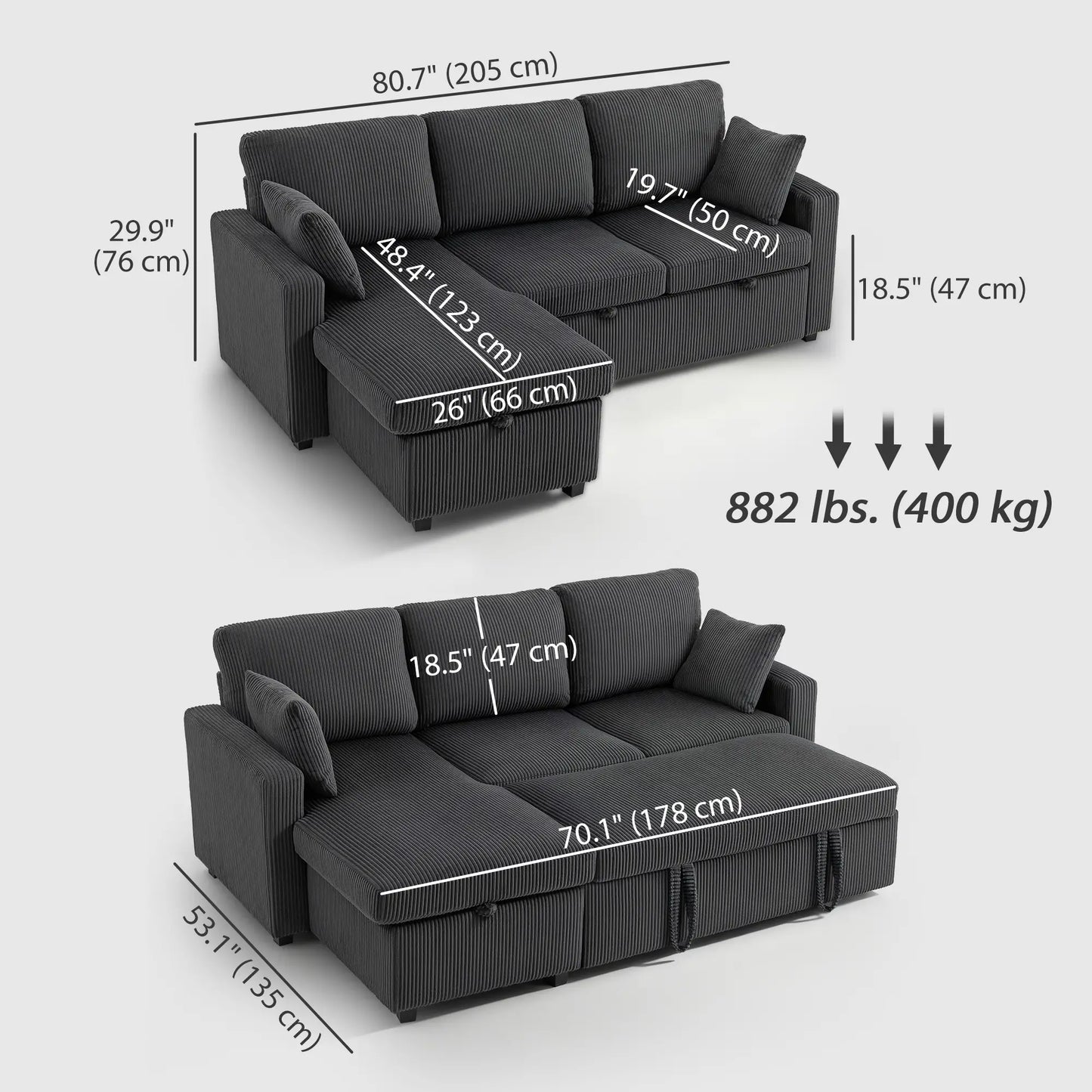 81" Sofa Bed, Pull Out Sleeper with Storage, Corduroy Convertible Couch, Dark Grey Sofas & Reclining Chairs at Gallery Canada
