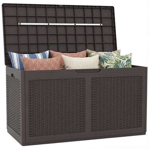 100 Gallon Resin Deck Box, Waterproof Outdoor Storage Bench, Brown