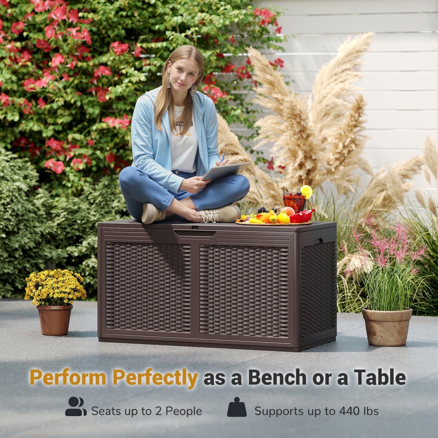 100 Gallon Resin Deck Box, Waterproof Outdoor Storage Bench, Brown Sheds & Outdoor Storage at Gallery Canada