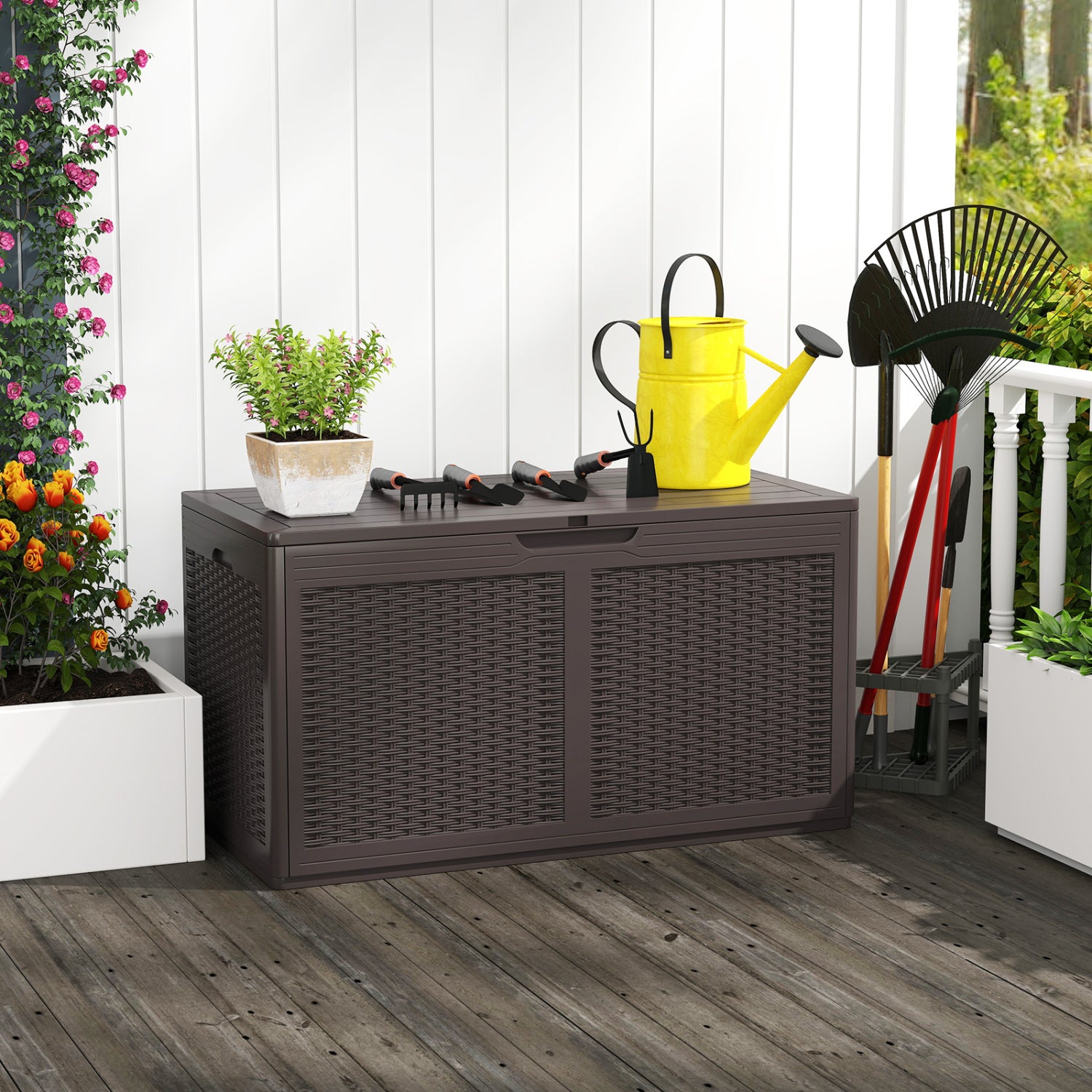 100 Gallon Resin Deck Box, Waterproof Outdoor Storage Bench, Brown Sheds & Outdoor Storage at Gallery Canada