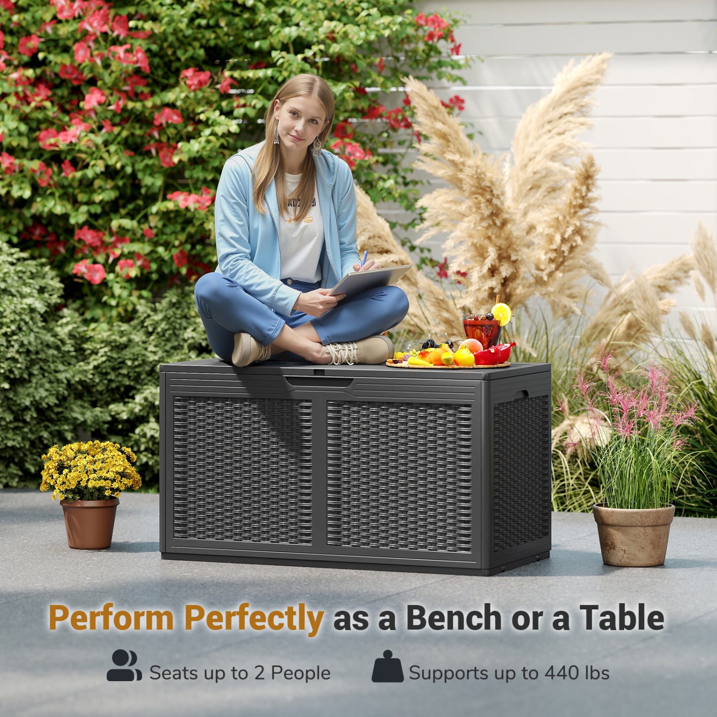 100 Gallon Resin Deck Box, Waterproof Outdoor Storage Bench, Gray Sheds & Outdoor Storage at Gallery Canada