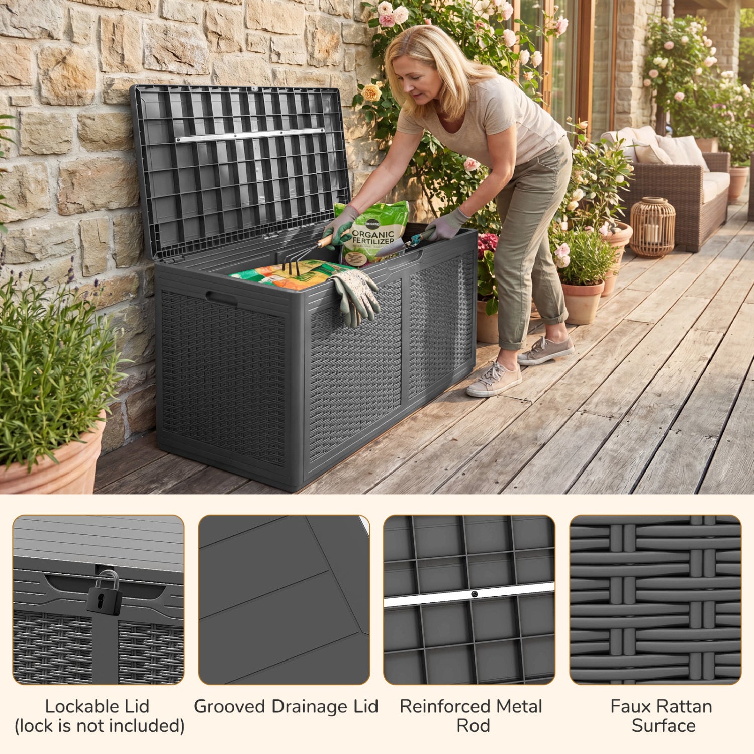 100 Gallon Resin Deck Box, Waterproof Outdoor Storage Bench, Gray Sheds & Outdoor Storage at Gallery Canada