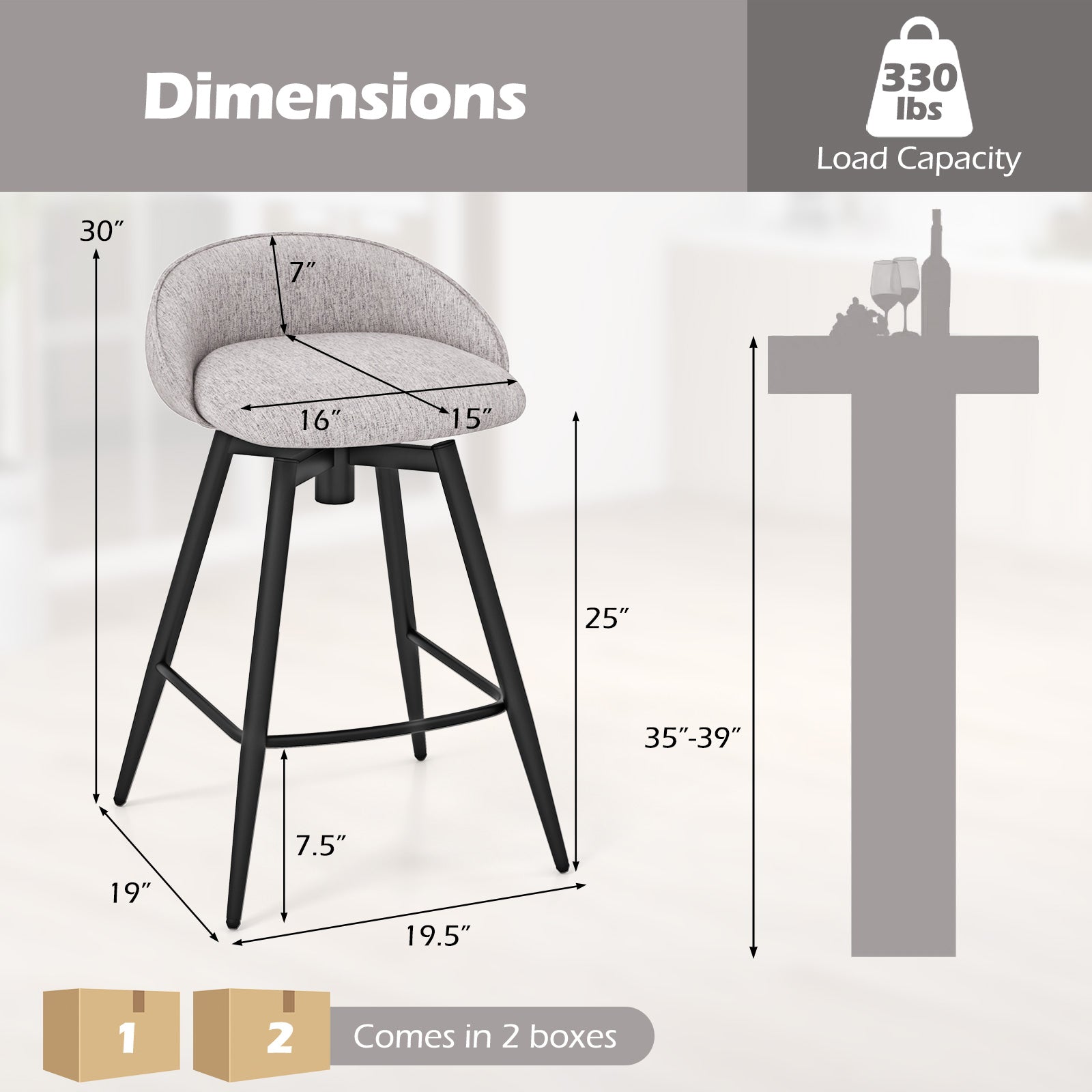 Upholstered Bar Stools Set of 2 with Footrest and Backrest, Gray Bar Stools at Gallery Canada