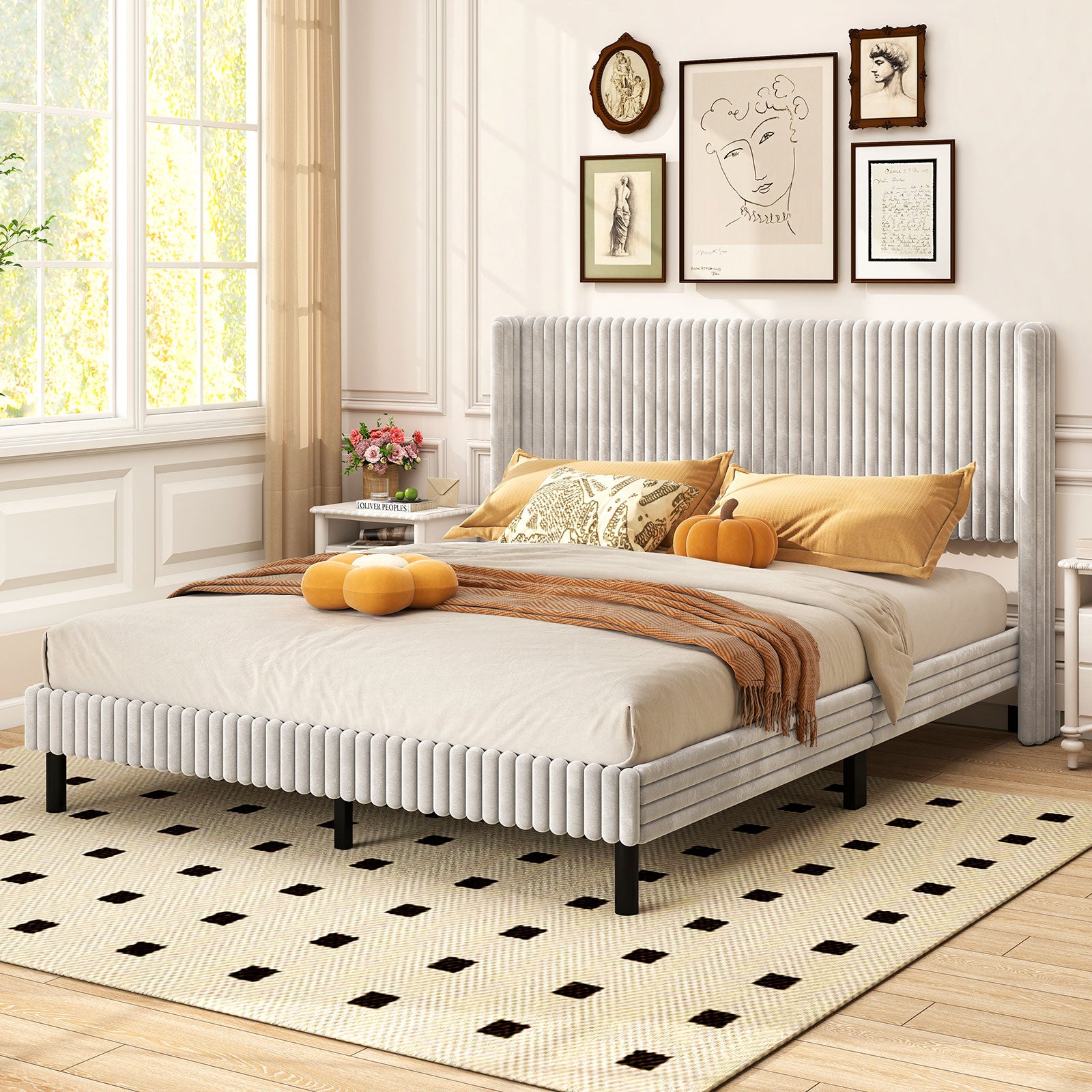Queen Size Velvet Bed Frame, Vertical Channel Tufted Wingback Headboard, White Simple Bed Frame at Gallery Canada