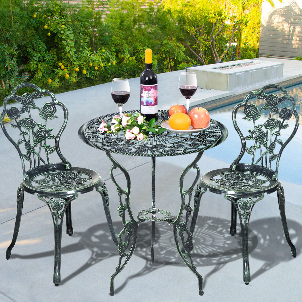 Outdoor Cast Aluminum Patio Furniture Set with Rose Design, Green Patio Conversation Sets at Gallery Canada