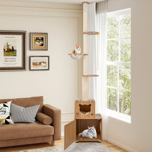 101 Inch Floor To Ceiling Cat Tree, Height Adjustable, Litter Box Enclosure, Brown