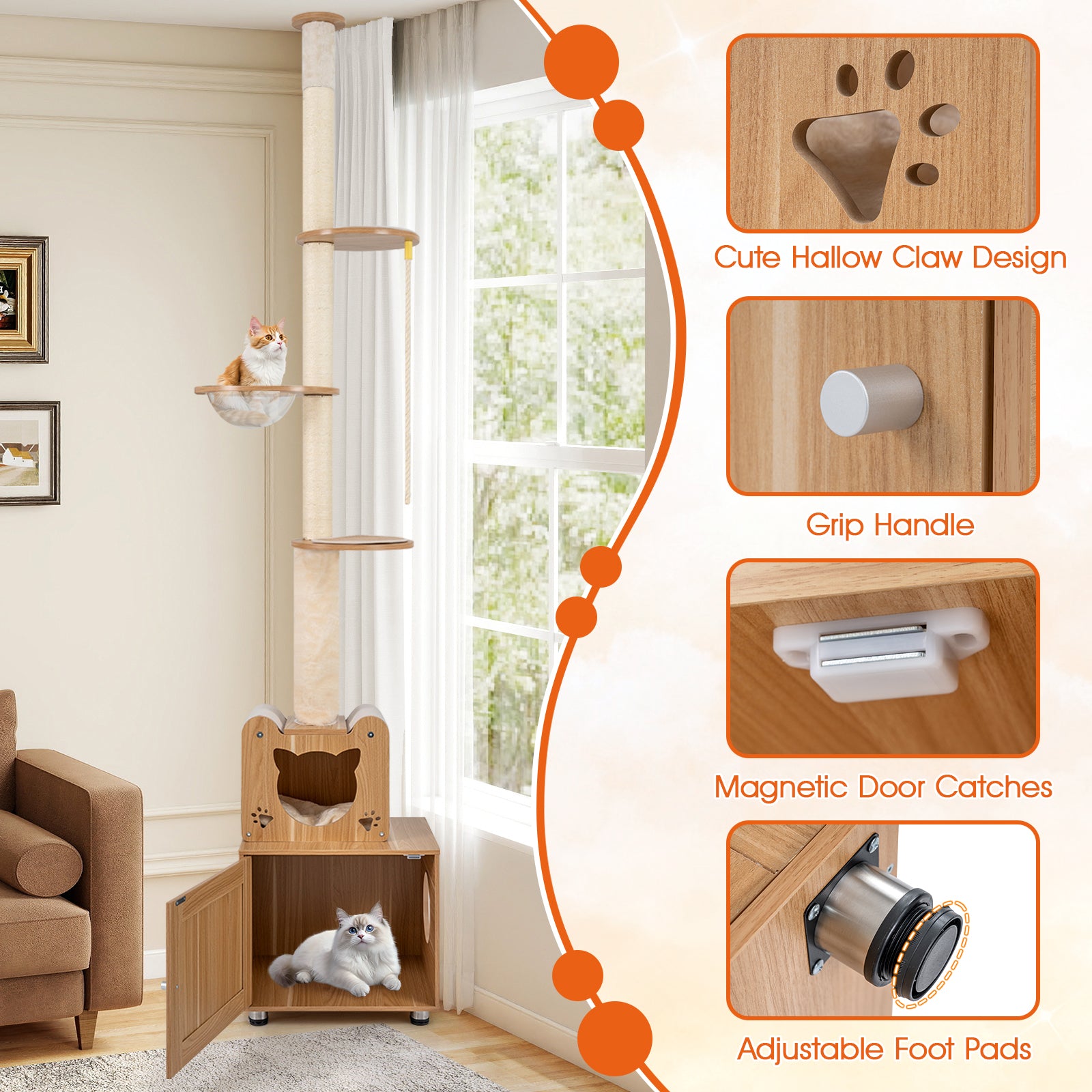 101 Inch Floor To Ceiling Cat Tree, Height Adjustable, Litter Box Enclosure, Brown Cat Trees Condos & Scratchers at Gallery Canada