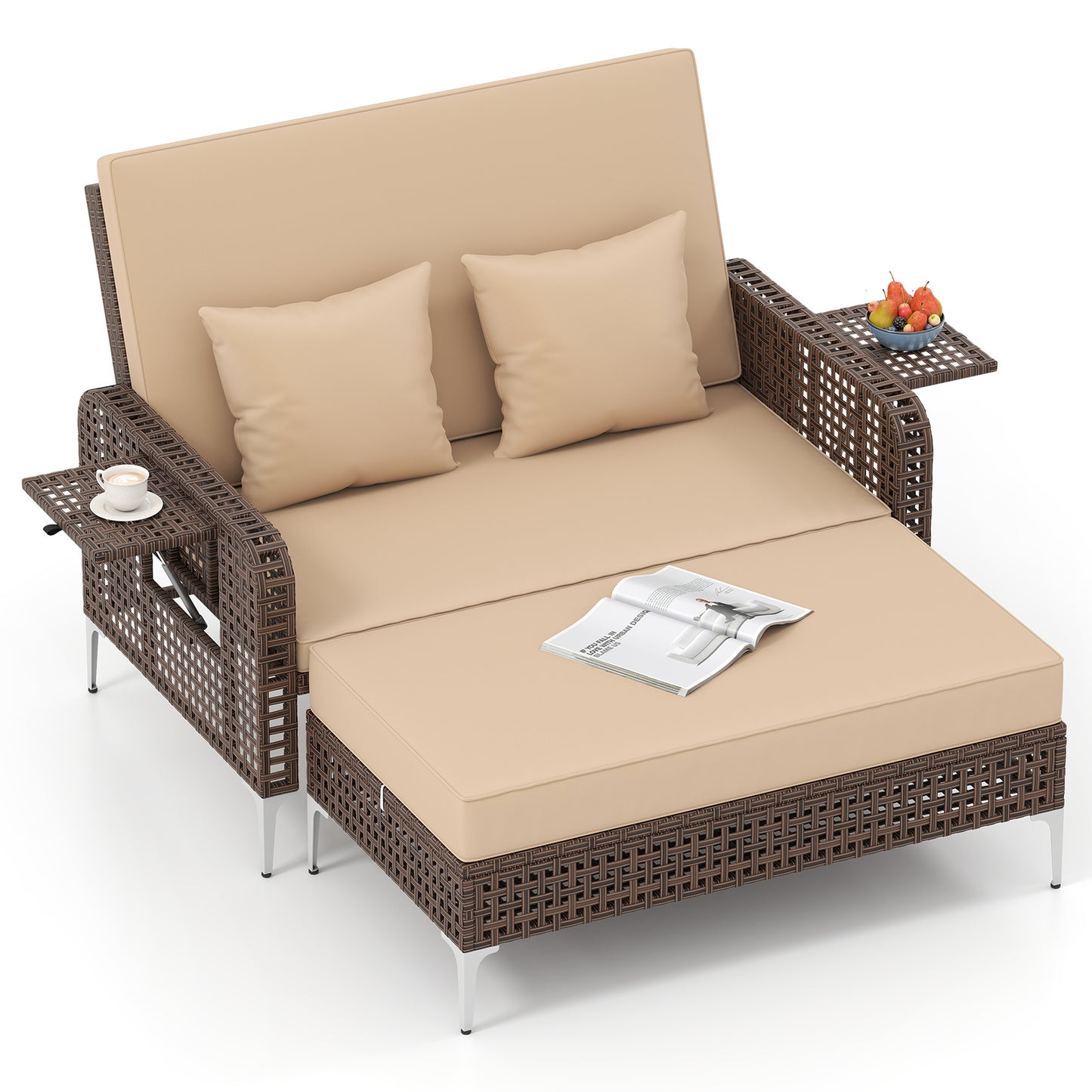 2 Piece Patio Rattan Daybed Wicker Loveseat and Ottoman with Adjustable Backrest, Brown Outdoor Sectionals at Gallery Canada