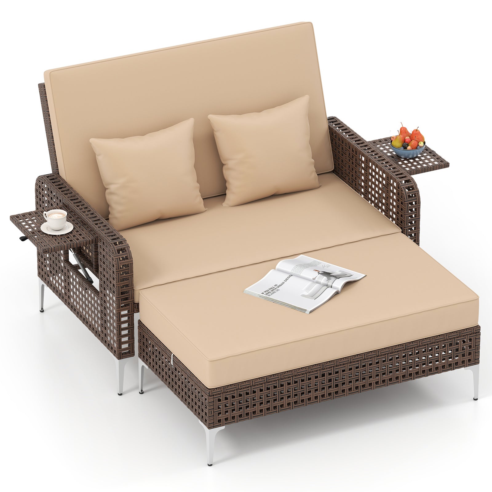 2 Piece Patio Rattan Daybed Wicker Loveseat and Ottoman with Adjustable Backrest, Brown Outdoor Sectionals Brown at Gallery Canada