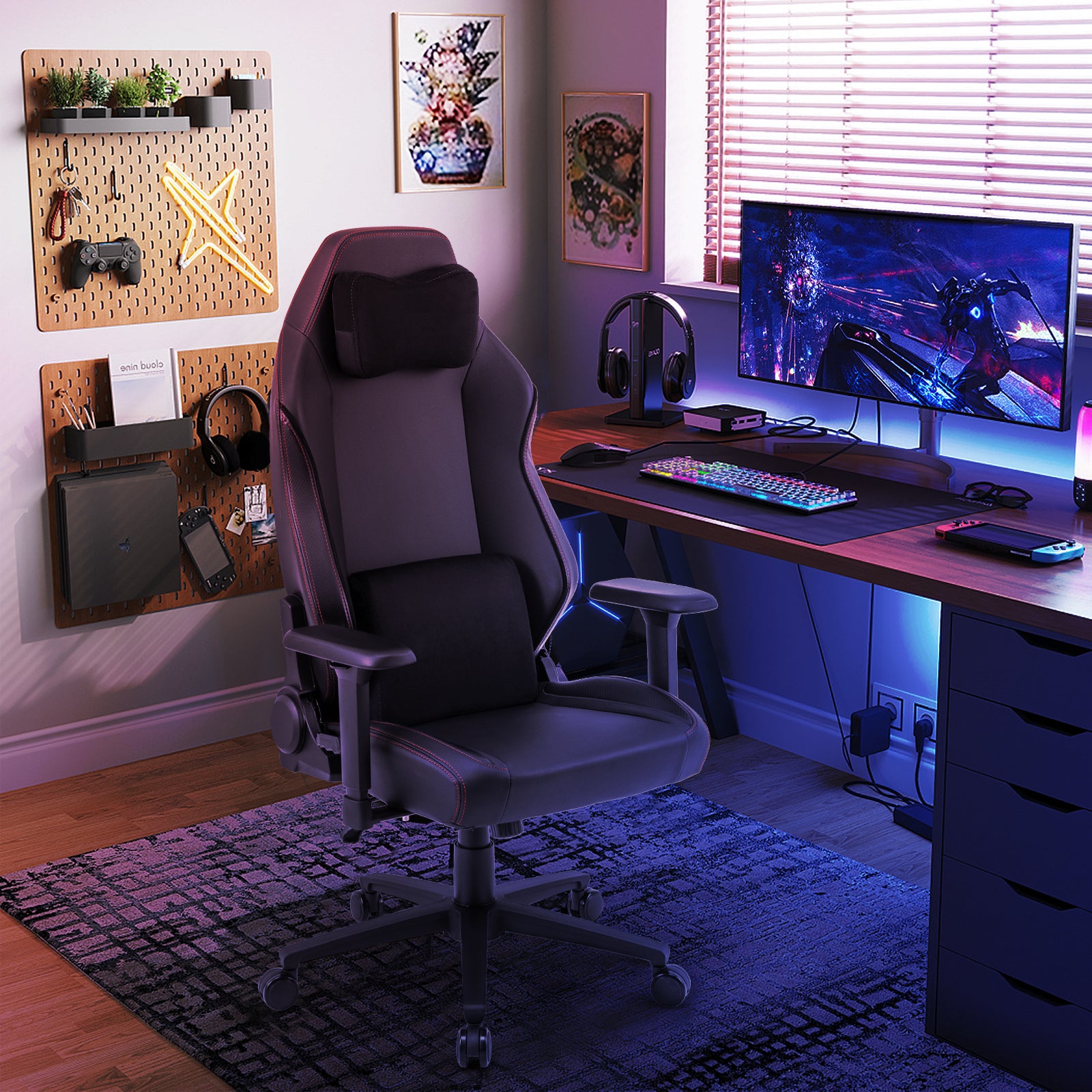 Ergonomic High Back Computer Chair with Magnetic Headrest and Lumbar Pillow, Black Gaming Chairs at Gallery Canada