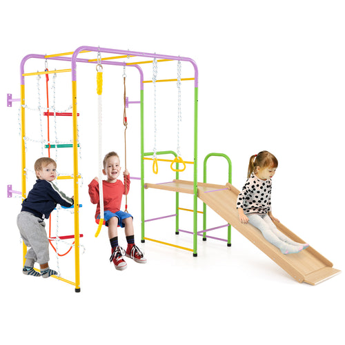 Metal Indoor Jungle Gym 8-in-1 Climbing Playset with Monkey Bars, Multicolor
