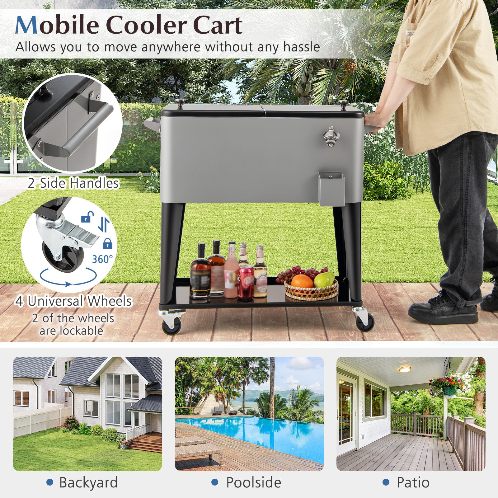 Portable Patio Cooler with Bottom Storage Shelf and Bottle Opener, Gray Coolers at Gallery Canada