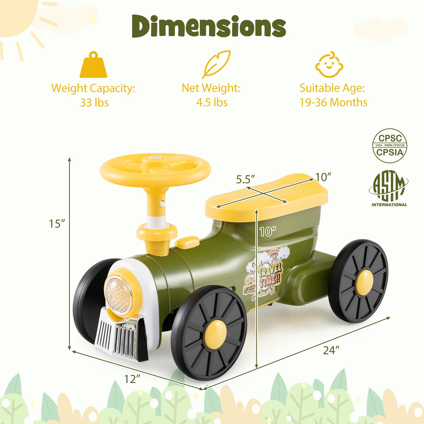 Ride on Toy with Steering Wheel and Train Whistle Sound Button, Green Push & Pedal Ride On Toys at Gallery Canada