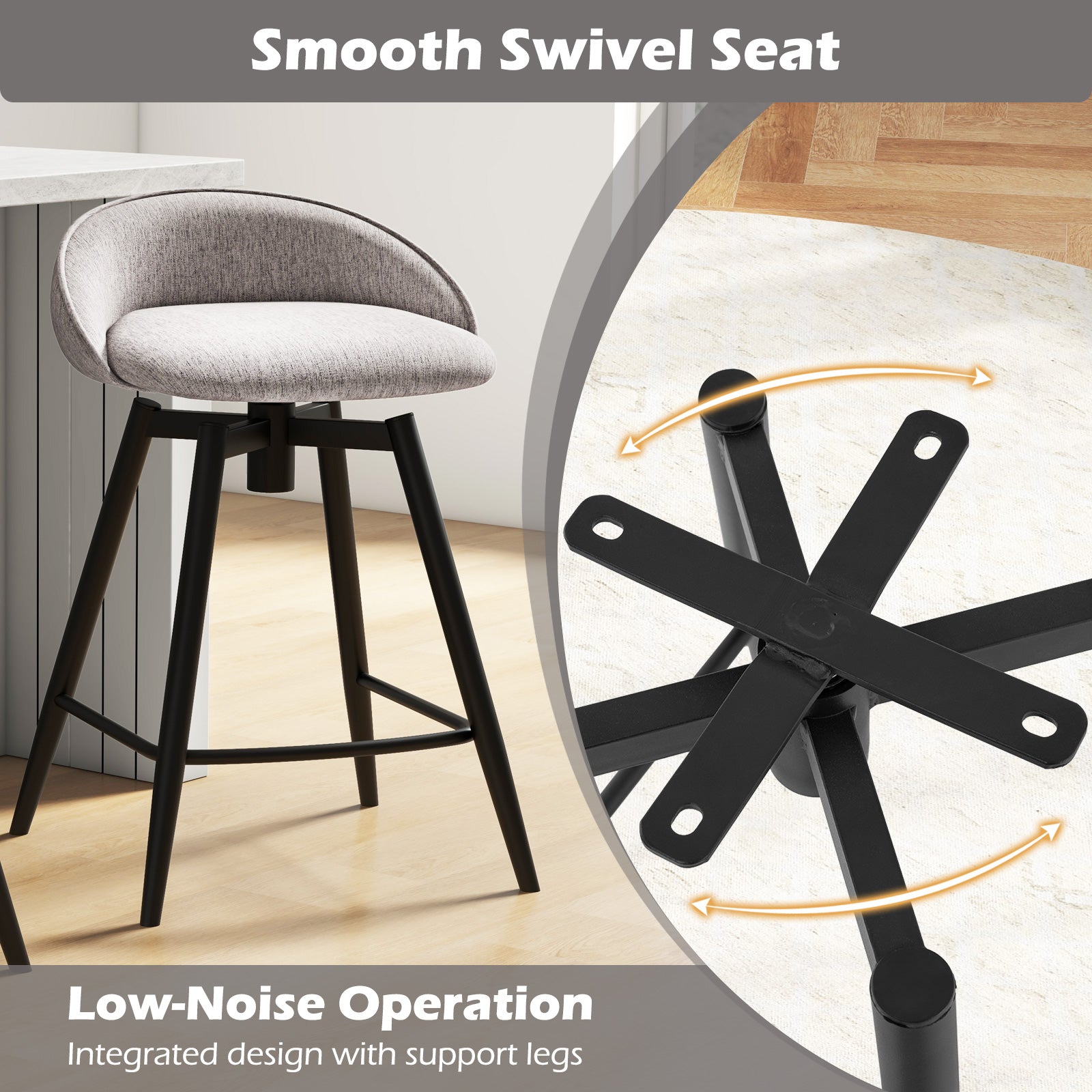 Upholstered Bar Stools Set of 2 with Footrest and Backrest, Gray Bar Stools at Gallery Canada