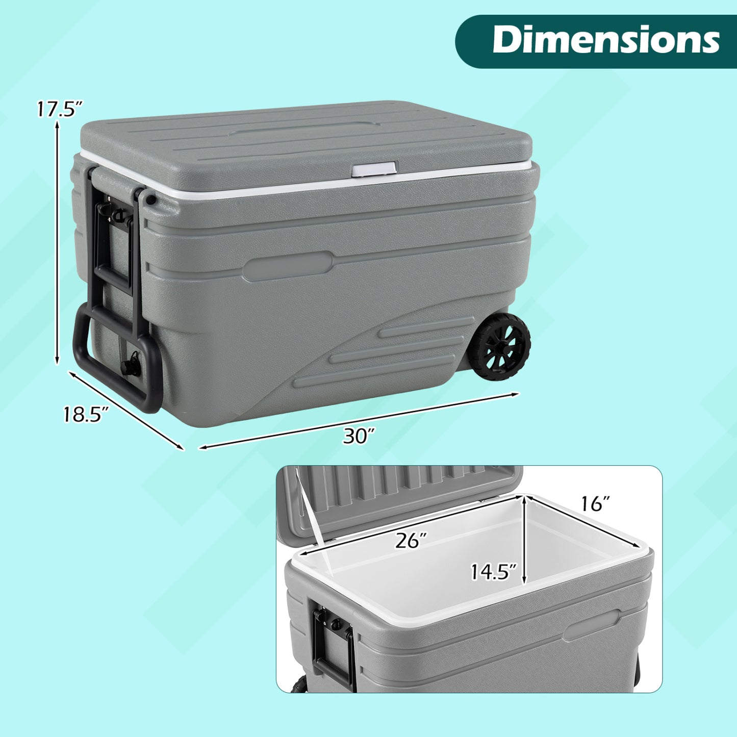 103 Qt Outdoor Portable Wheeled Ice Cooler, Gray