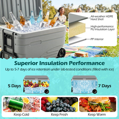 103 Qt Outdoor Portable Wheeled Ice Cooler, Gray