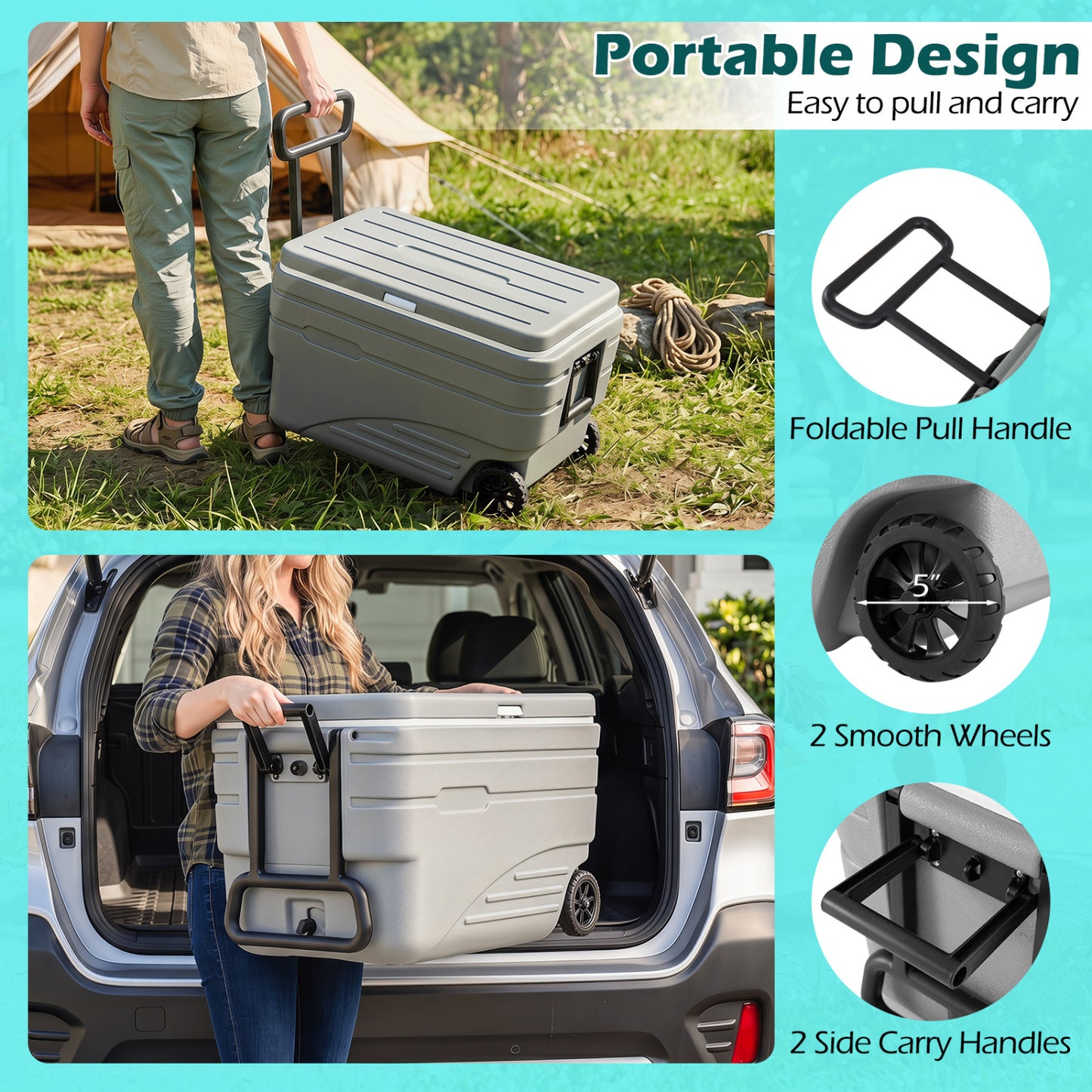 103 Qt Outdoor Portable Wheeled Ice Cooler, Gray