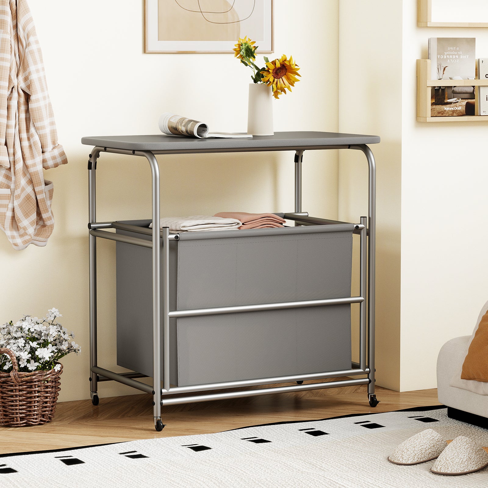 3-Section Laundry Sorter with Foldable Ironing Board and Lockable Wheels, Gray Laundry Baskets at Gallery Canada