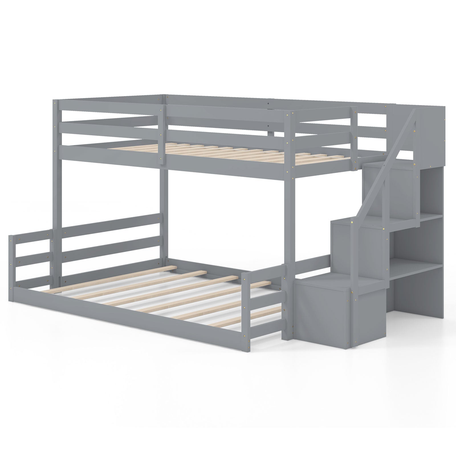 Solid Wood Twin Over Full Low Bunk Bed with Storage Stairs-Grey, Gray Bunk Bed Frame at Gallery Canada