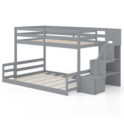 Solid Wood Twin Over Full Low Bunk Bed with Storage Stairs-Grey, Gray Bunk Bed Frame at Gallery Canada