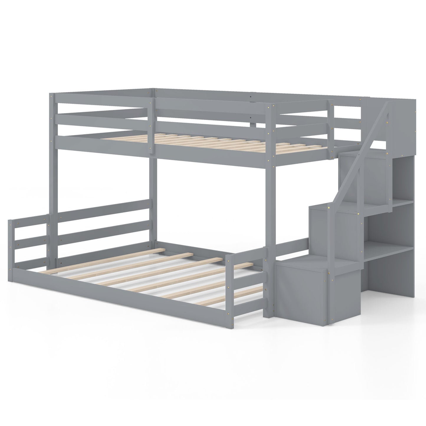 Solid Wood Twin Over Full Low Bunk Bed with Storage Stairs-Grey, Gray Bunk Bed Frame Gray at Gallery Canada
