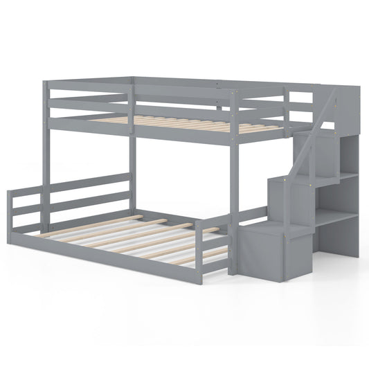 Solid Wood Twin Over Full Low Bunk Bed with Storage Stairs-Grey, Gray Bunk Bed Frame Gray at Gallery Canada
