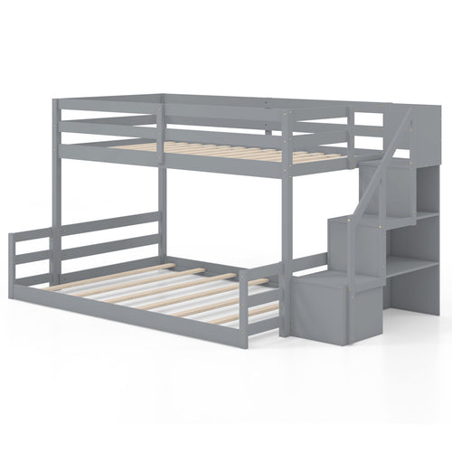 Solid Wood Twin Over Full Low Bunk Bed with Storage Stairs-Grey, Gray