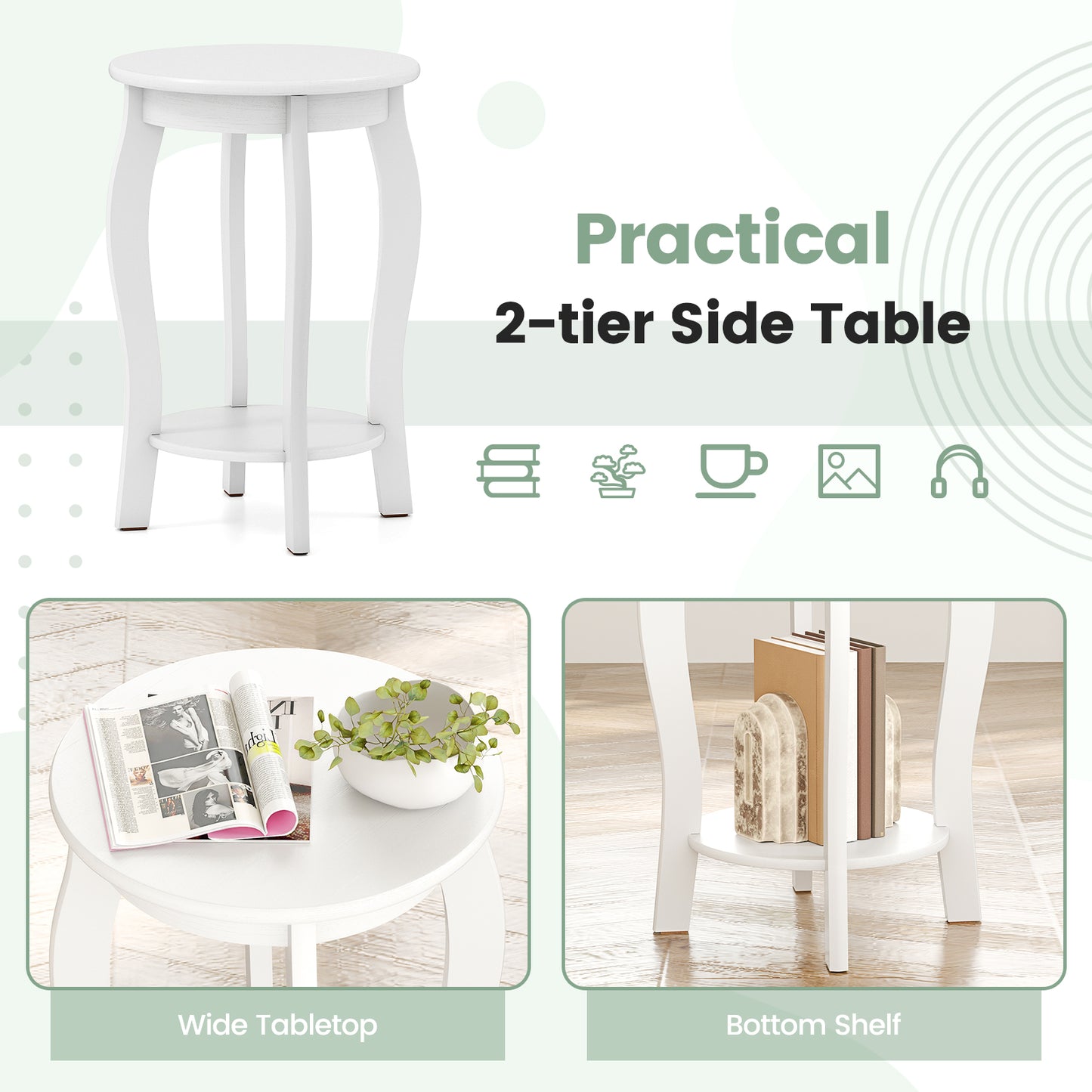 15 Inch 2-Tier Round End Table with Storage Shelf, White End & Side Tables at Gallery Canada