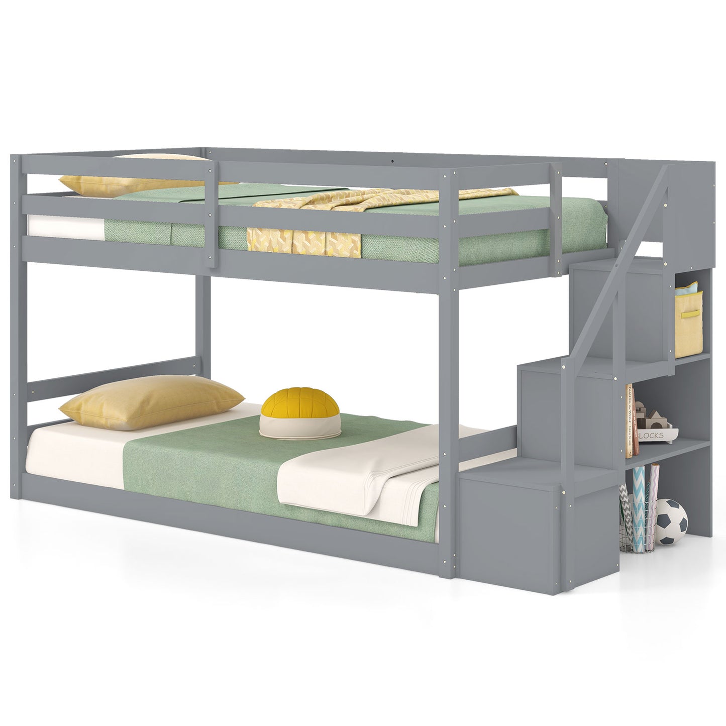 Twin Over Twin Low Bunk Bed with Storage Stairs Solid Wood Floor Bunk Bed Frame, Gray Bunk Bed Frame at Gallery Canada