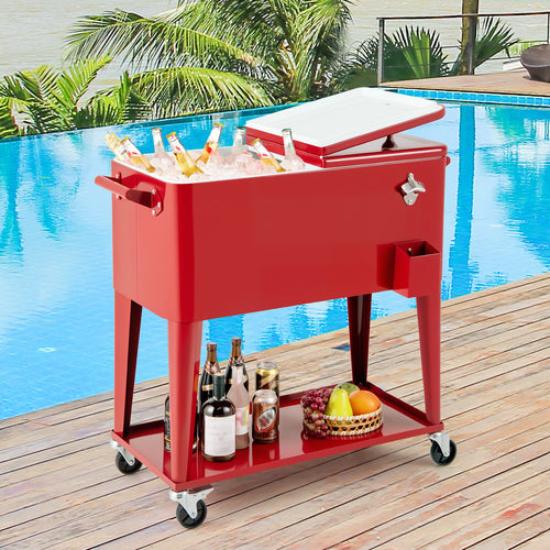 Portable Patio Cooler with Bottom Storage Shelf and Bottle Opener, Red