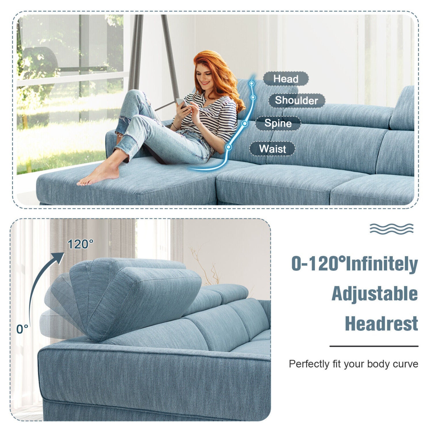 105 Inch L-Shaped Sofa With Adjustable Headrests, Blue Sofas & Loveseats at Gallery Canada