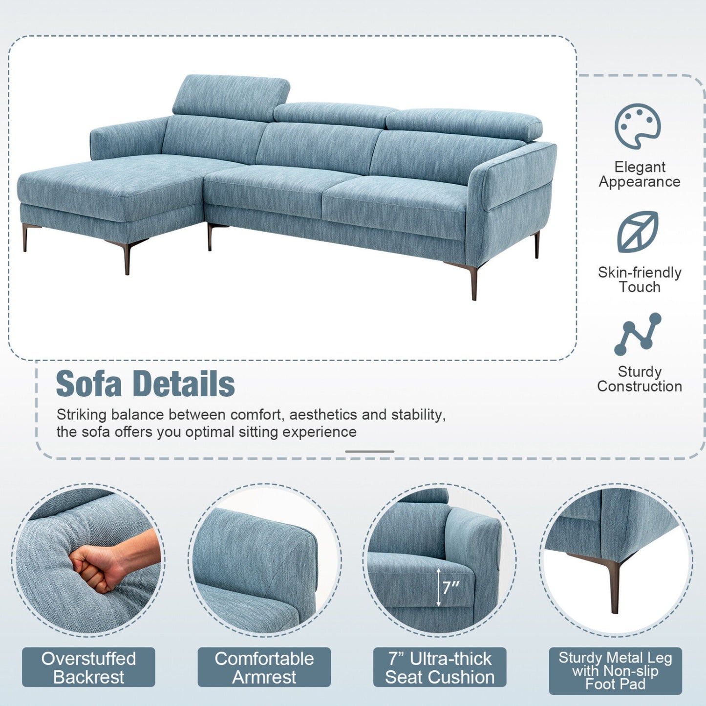 105 Inch L-Shaped Sofa With Adjustable Headrests, Blue Sofas & Loveseats at Gallery Canada