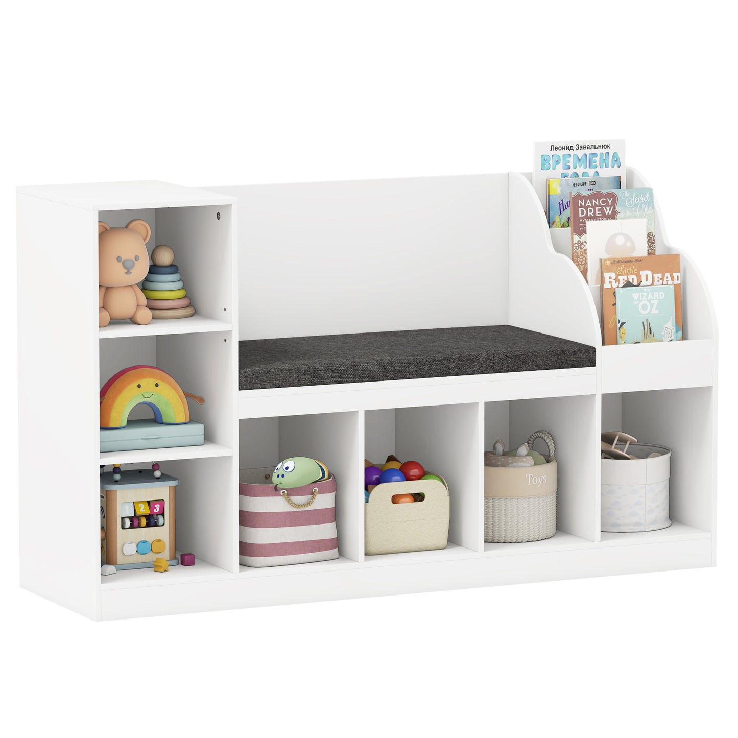 Kids Bookcase with Reading Nook 3-in-1 Standing Toy Organizer, White Kids Storage at Gallery Canada
