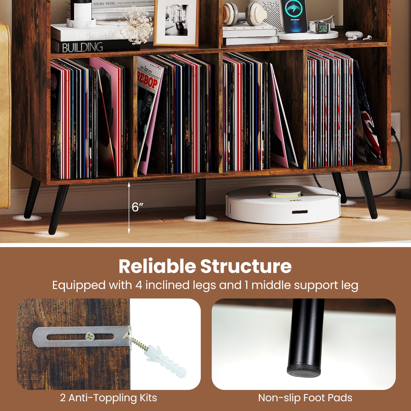 Record Player Stand with Charging Station and Open Shelves, Rustic Brown End & Side Tables at Gallery Canada