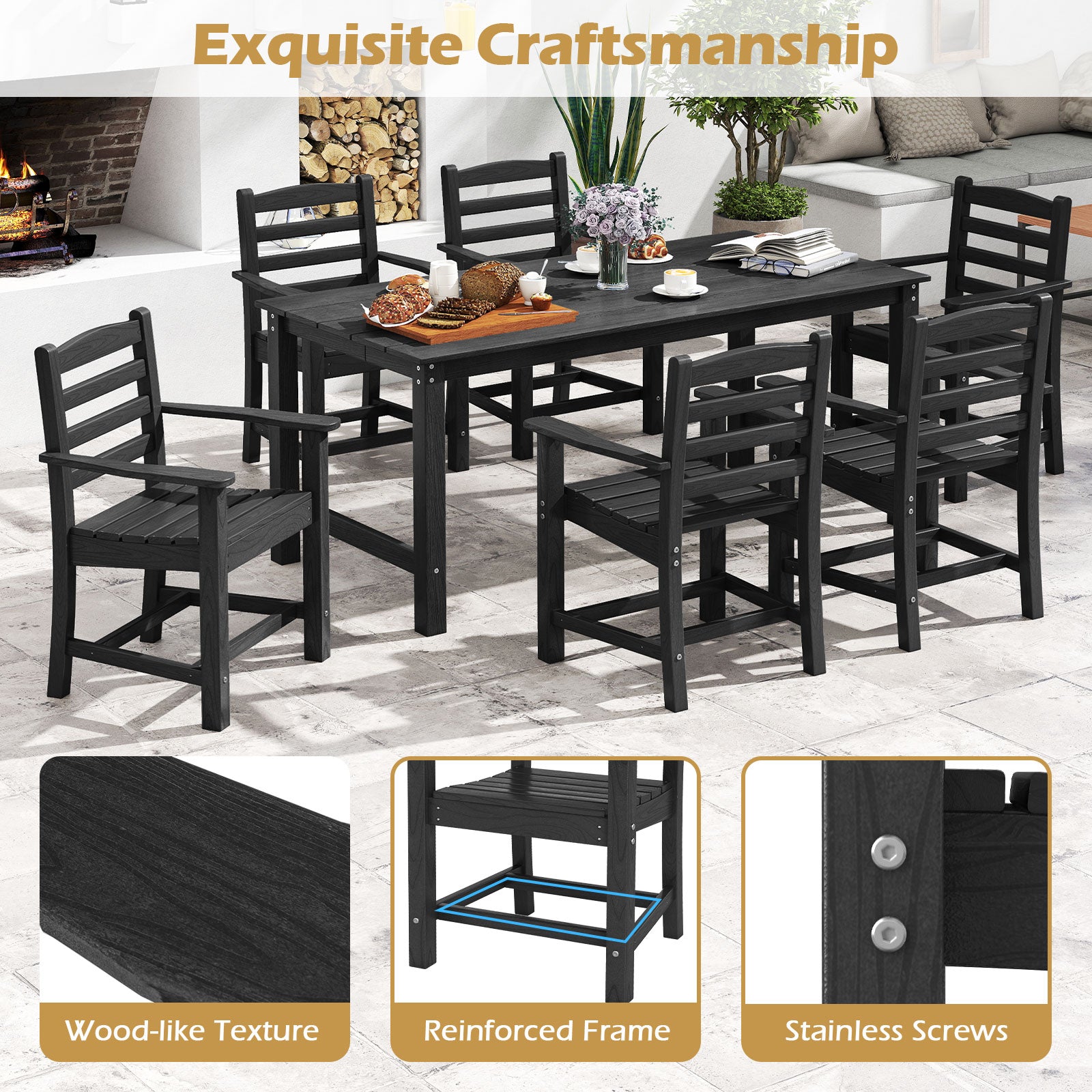 7 Pieces Outdoor Dining Table Set for 6 People 67” HDPE Patio Rectangle Table and 6 Armchairs, Black Patio Dining Sets at Gallery Canada